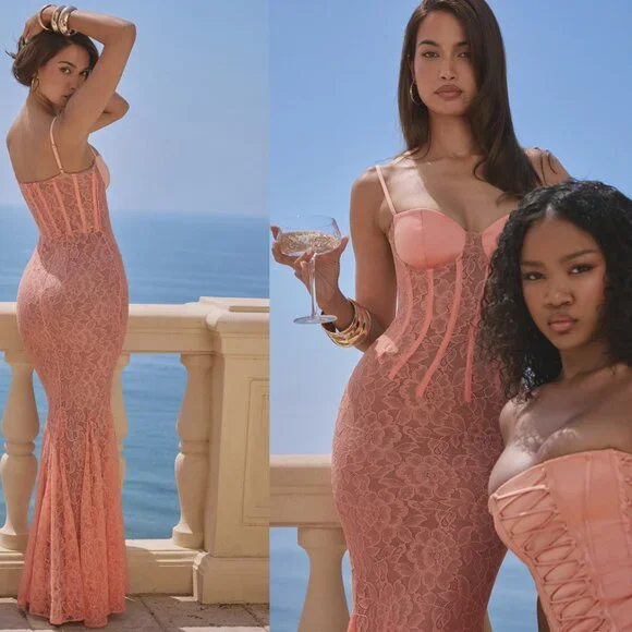 House of CB 'Coredlia' Sorbet Lace Godet Maxi Dress NWOT - Picture 4 of 9